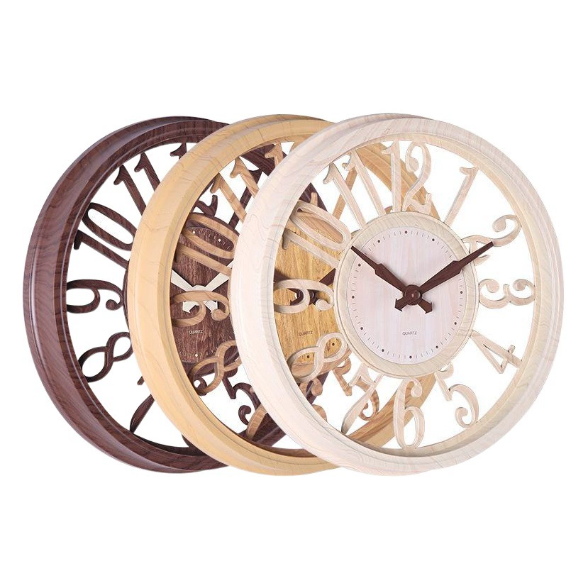 Оптовая внешней торговли часы европейские полые имитация дерева настенные часы дома круглые 12-дюймовые часы Творческий Простой настенные часы