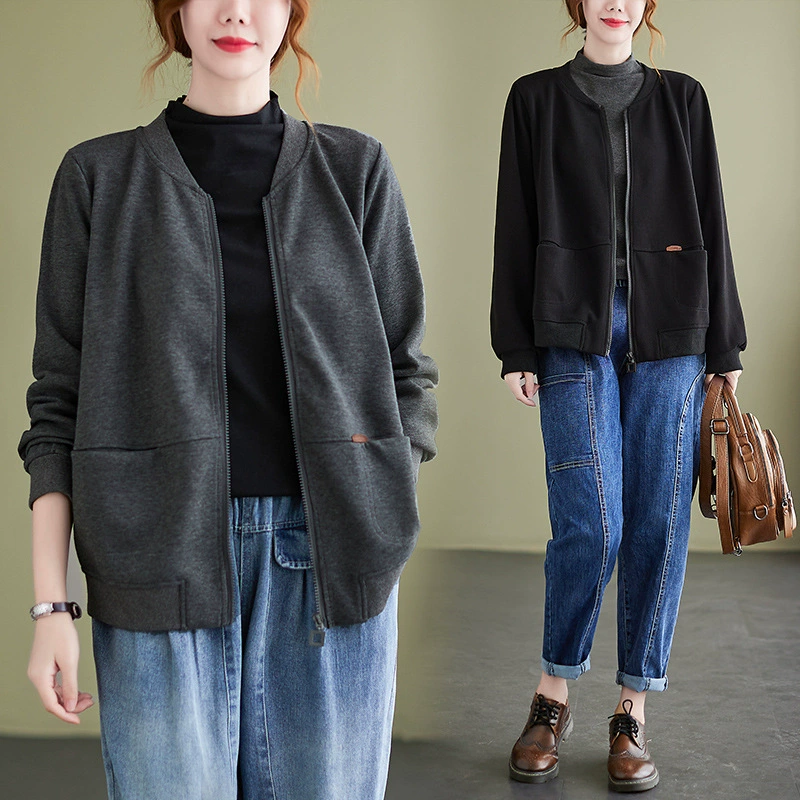 Свободная художественная короткая куртка Real Shot больших размеров, Новинка осени, однотонный Повседневный Топ с воротником в бейсбольном стиле