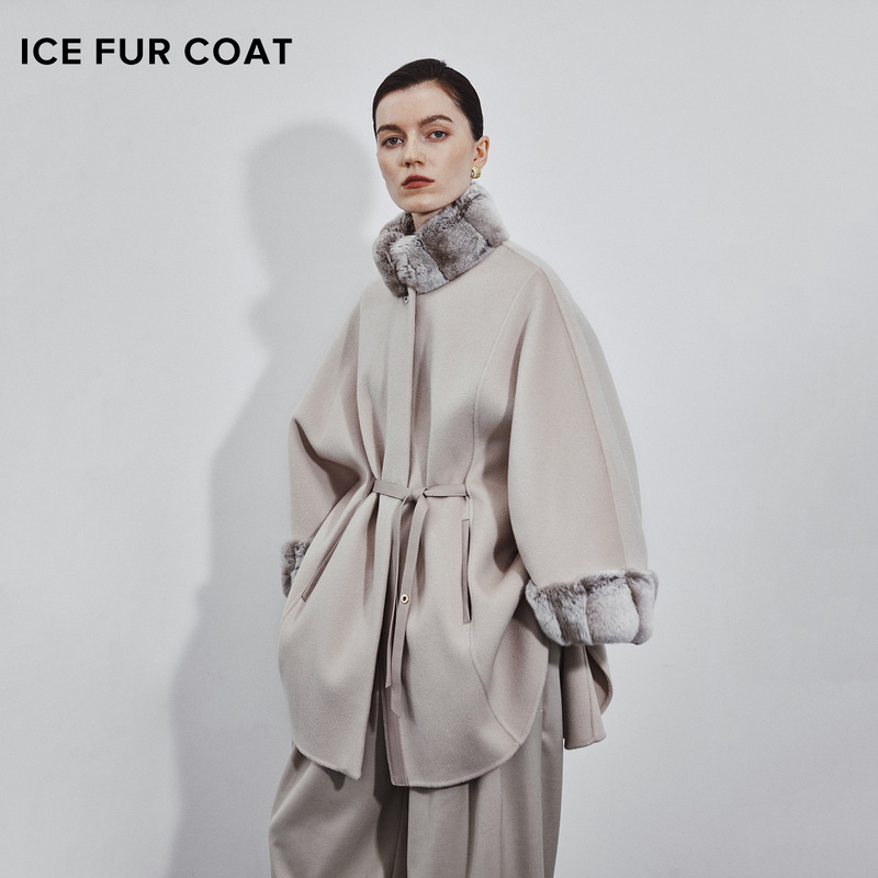 2025 New Autumn and Winter Lp Double-Sided Cashmere Rex Rabbit Fur Cape Shawl Outwear High-End Lady Style Woolen Outwear for Women