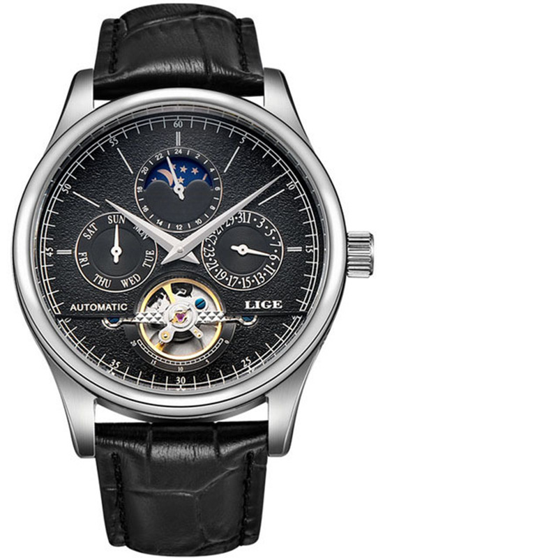 LIGE calendario semana nuevo movimiento mecánico automático hueco de negocios Sun Moon Star reloj de hombre 6826