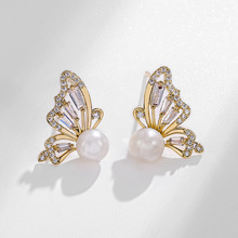 韓國輕奢鑲鋯石珍珠蝴蝶耳釘女小眾設計感網紅氣質顯臉瘦鑲鑽耳環