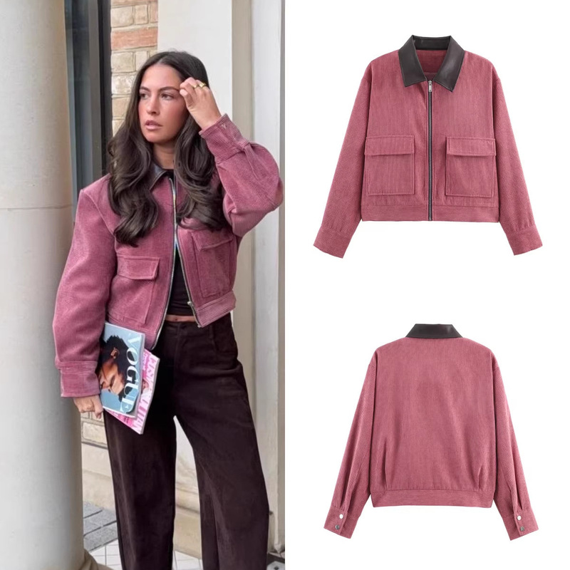 Z Brand Foreign Trade Cross-Border European and American Style Women's Clothing 2026 Spring New Corduroy Patchwork Leather Collar Jacket Z Brand Foreign Trade Cross-Border European and American Style Women's Clothing 2026 Spring New Corduroy Patchwork Leather Collar Jacket