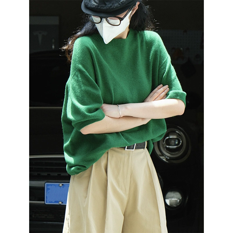 Осенний новый японский стиль, ленивый шерстяной свитер с круглым вырезом и короткими рукавами, свободный утягивающий повседневный вязаный топ для женщин