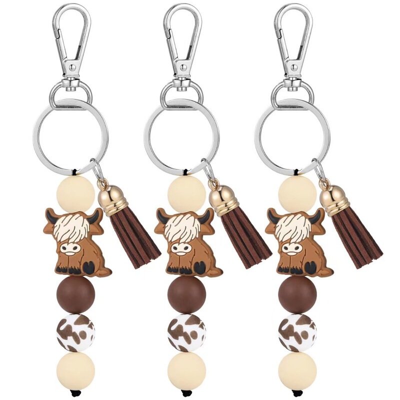Cross-Border Silicone Bead Yak Keychain with Cow Pattern Print, Silicone Bead Tassel Pendant, Cyan Tassel Mountain Cow Keychain