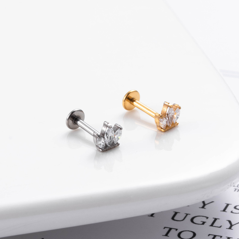 1 Piece Ear Cartilage Rings & Studs Simple Style Crown 316 Stainless Steel  Pure Titanium Copper Plating Inlay Zircon display picture 2