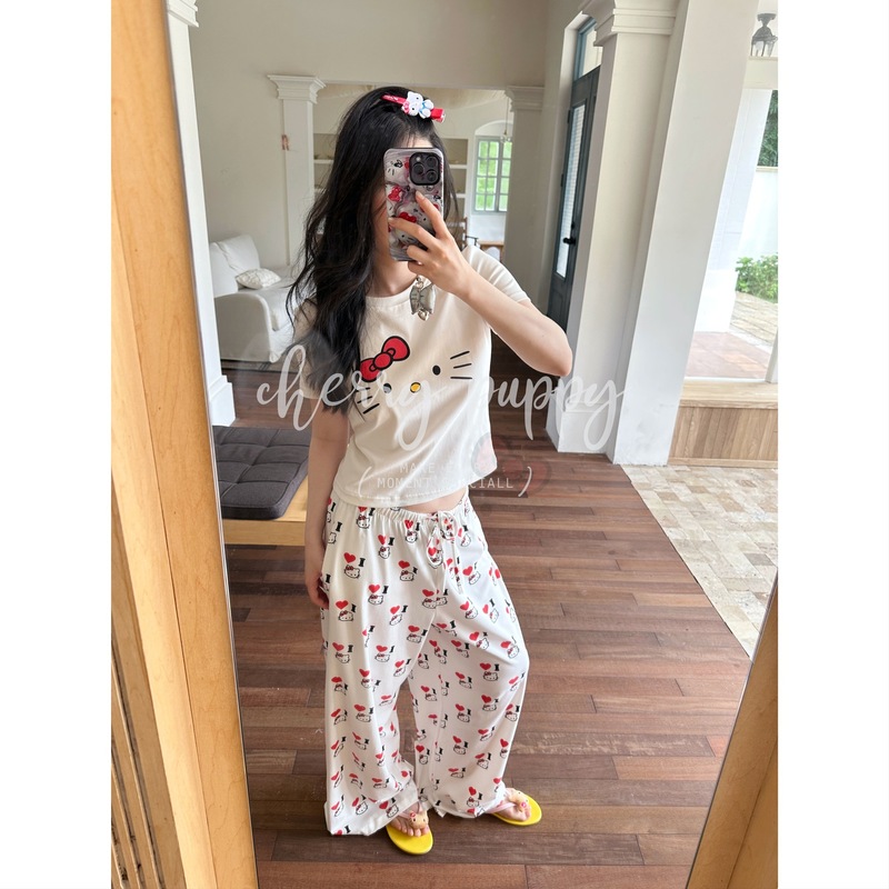 Ilovekitty 短袖长裤睡衣居家服韩系可爱t恤短袖+阔腿宽松长裤|undefined