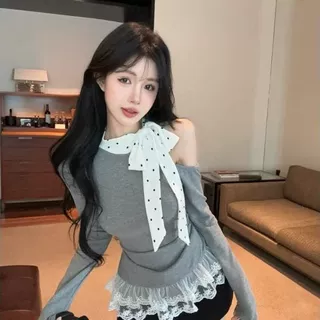 设计感大码德绒露肩拼接长袖T恤女秋冬新款修身显瘦遮肉斜肩上衣