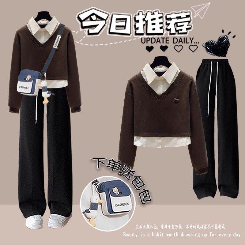 初高中学生假两件卫衣女春秋2025新款学院风少女POLO领套头上衣服|undefined