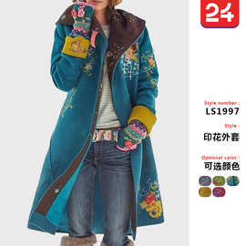 2025秋冬新款欧美跨境外贸女装亚马逊中长款印花上衣长袖呢子外套