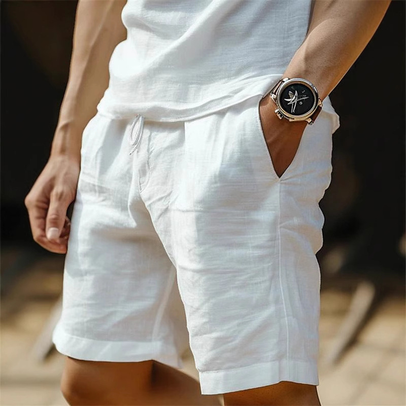 New Cross-Border Cotton and Linen Shorts with Drawstring Elastic Waist, Straight Legs, Solid Color, Breathable, Daily Beach Casual Mid-Length Shorts New Cross-Border Cotton and Linen Shorts with Drawstring Elastic Waist, Straight Legs, Solid Color, Breathable, Daily Beach Casual Mid-Length Shorts
