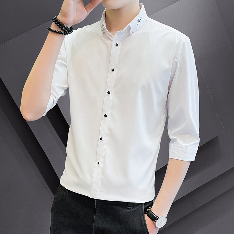 High-grade summer leisure business embroidery male seven-point sleeve shirt anti-wrinkle no iron trend handsome sleek sleeve slim shirt