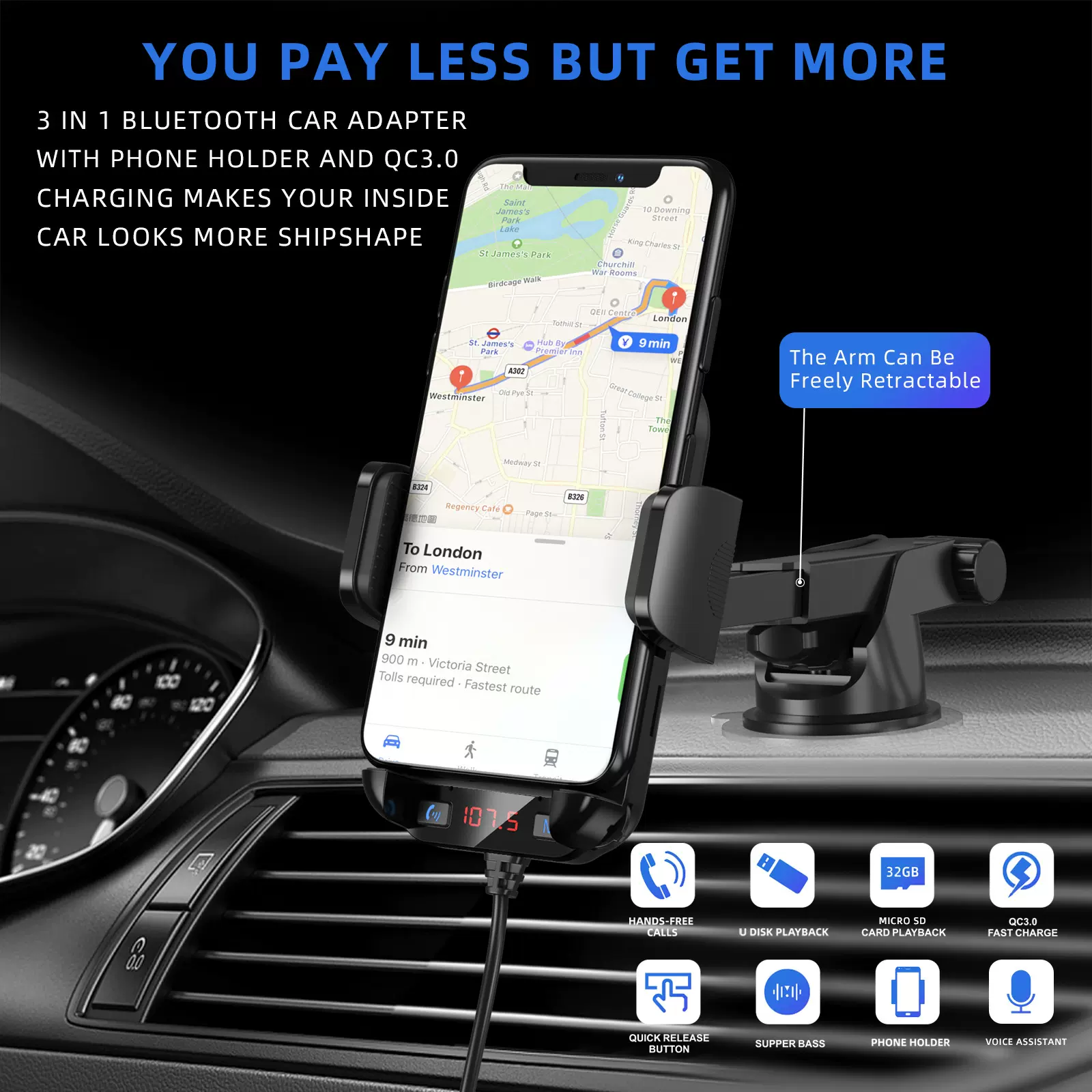 三合一车载蓝牙免提MP3播放器FM发射器双USB快充QC3.0