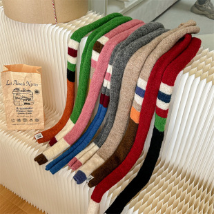 New Niche Design Sense Striped Color-matching Thin Narrow Long Wool Scarf Women's Korean Style Internet Celebrity Knitted Wool Scarf