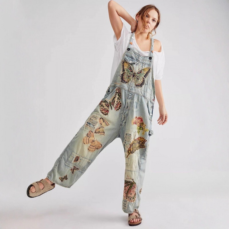 Amazon Overalls Summer Women's Long Pants Denim Straight Pants Classic Versatile Loose Straight Pants 3D Digital Print