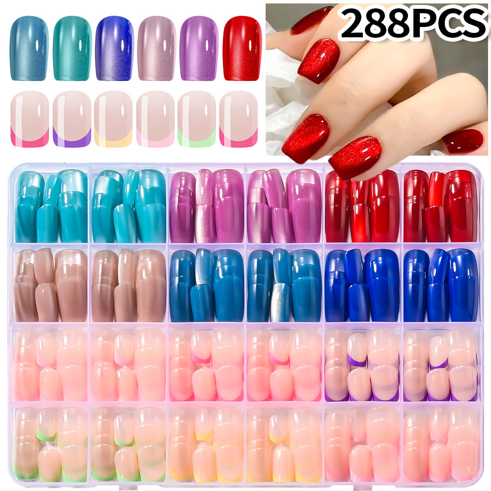 288 Pieces of 24-Grid Popular Cat-Eye Nail Tips in a Box, Cross-Border Wearable Nails, Chinese-Style Solid Color Cat-Eye Ins-Style Nail Tips