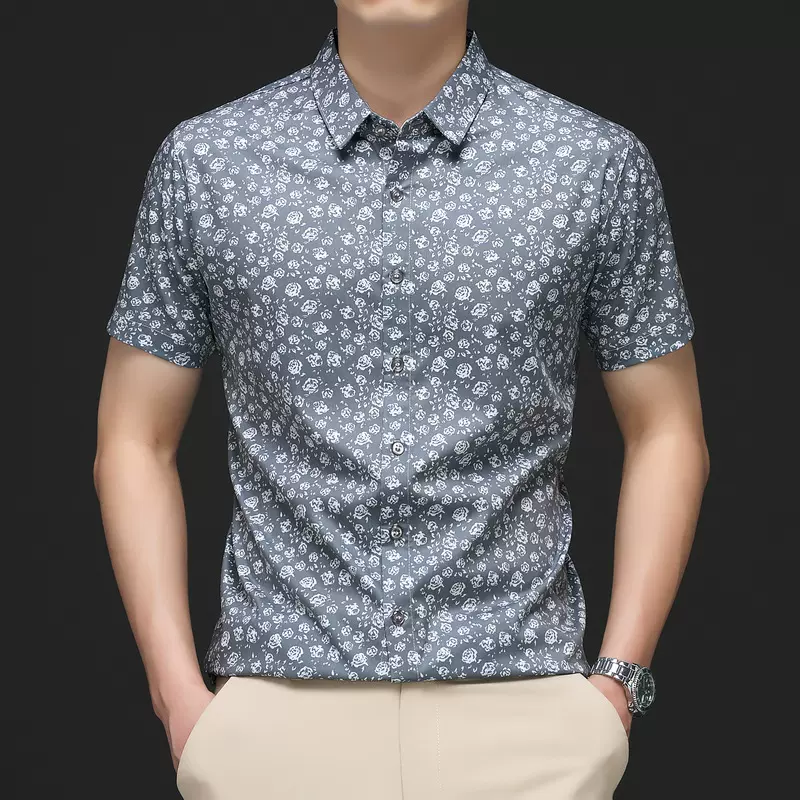 轻奢夏季男士衬衫短袖修身腰果花衬衣男免烫百搭男装短袖衬衫