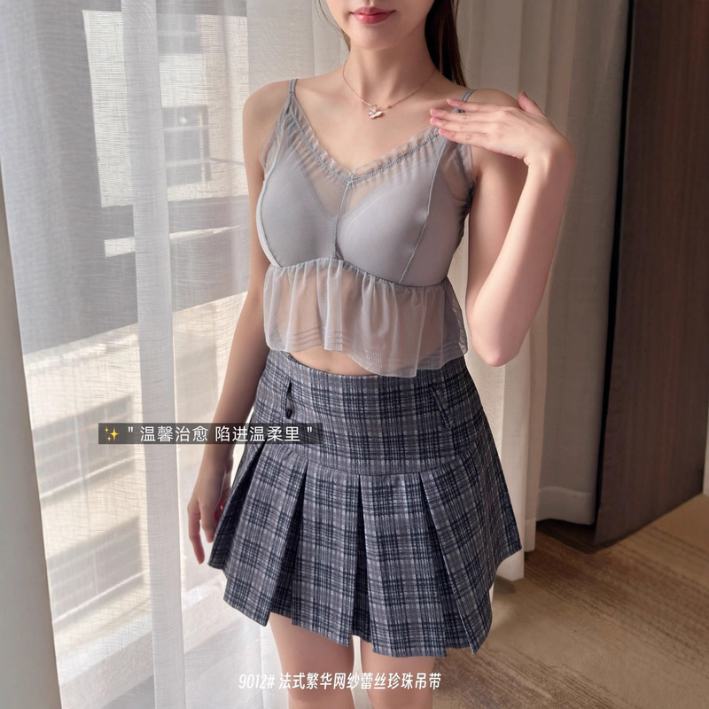 Trendy Fairy-Style Mesh Lace French Lace Pearl Camisole Pure Desire High-End Tank Top with Beautiful Back Design and Chest Pads Lingerie
