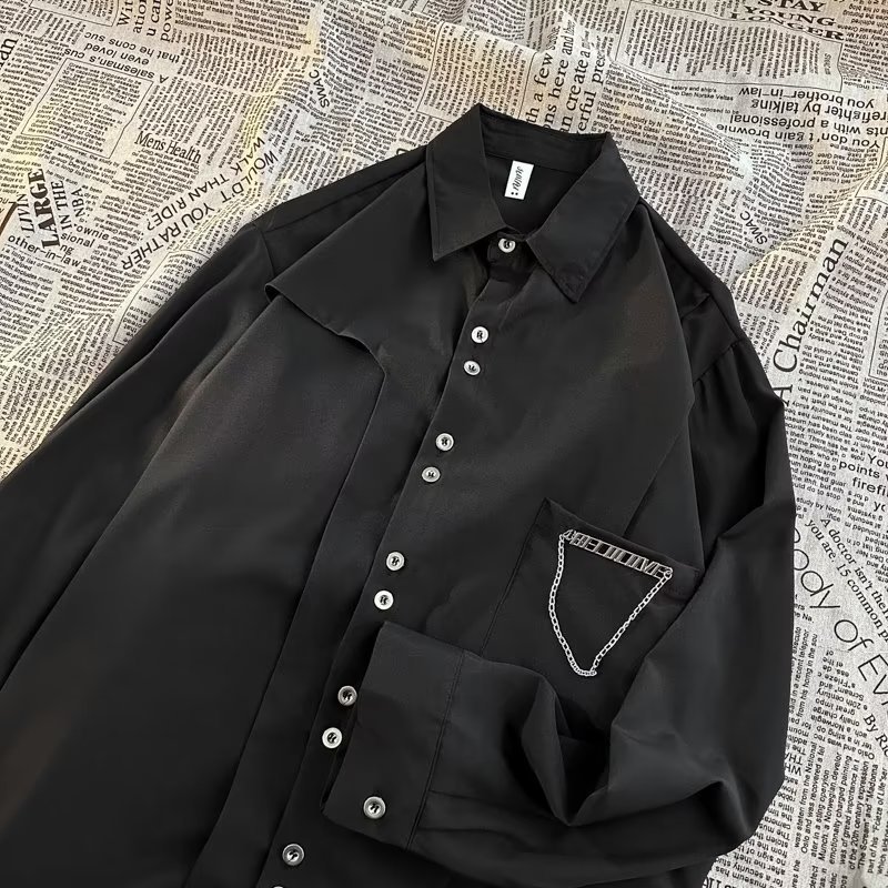 Erkek Zincir Detaylı Uzun Kollu Sokak Giyimi Gömlek Büyük Boy Düğmeli, Çıkarılabilir Aksesuarlı Gömlek (Siyah/Beyaz, M-3XL)_voghion.com