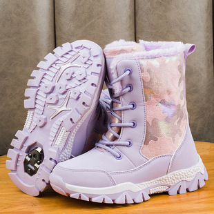 Plus Cross-Border Winter Velvet High-Top Girls' Shoes Student Lace-Up Mid-Calf Snow Boots Outdoor Warm Trendy Hiking Shoes