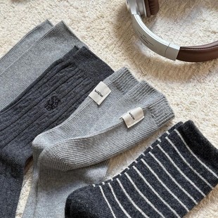 Autumn and Winter Cool Gray Style Socks Korean Style Wear Striped Cloth Label Solid Color Middle Tube All-match Simple Stacked Socks