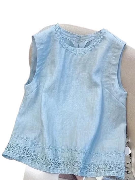 今年人気のブルー刺繍リネンノースリーブシャツ女性用2025夏の新しいルーズで多用途の甘いトップストレンド|undefined