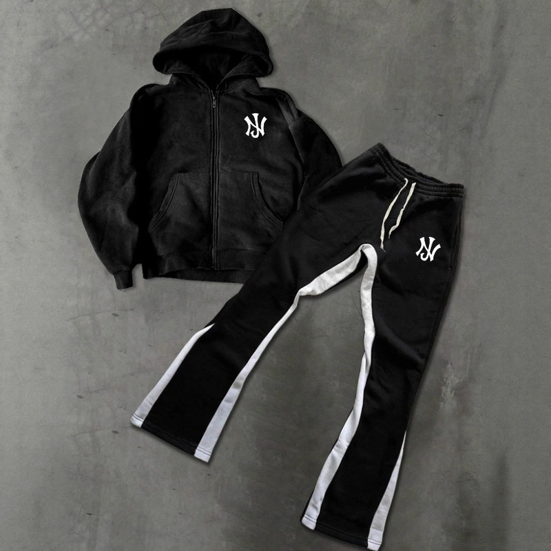 Cross-Border Men's Letter Printed Black Hooded Sweatshirt Suit Casual Sports Zipper Cardigan Top and Pants Cross-Border Men's Letter Printed Black Hooded Sweatshirt Suit Casual Sports Zipper Cardigan Top and Pants