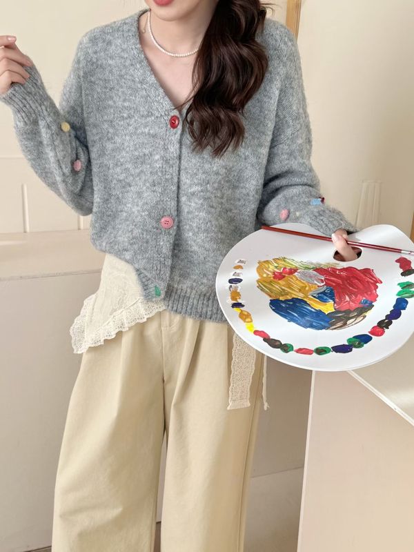 多巴胺纽扣立体球球针织开衫女秋冬新款休闲宽松减龄百搭长袖毛衣|undefined