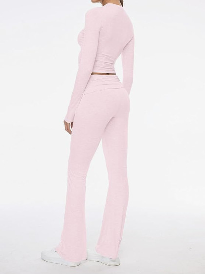 336g Weight Long Sleeve Sleeve Length Spandex, Polyester Fabric Type Pant Co-ord Set Sets Type 2 Pieces Set Quantity Holiday, Daily Occasion Round Neck Neckline Slim Fit Type Solid Color Pattern Summer, Spring Season Women's Gender Streetwear Style Holiday Daily Women's Streetwear Solid Color Spandex Polyester Pant Co-ord Set Pants Sets 9
