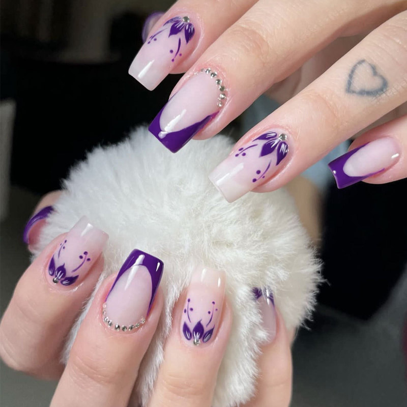 Wear Nail Pieces Square Removable Purple Flower Three-dimensional Rhinestone Decoration False Nail Nail Patch nail Wear Nail Pieces Square Removable Purple Flower Three-dimensional Rhinestone Decoration False Nail Nail Patch nail