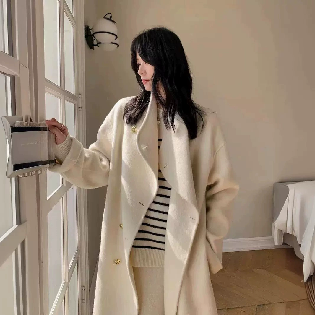 [Корейская актриса] Корейская версия дизайна двубортная длинношерстная ткань двухсторонняя шерстяное пальто