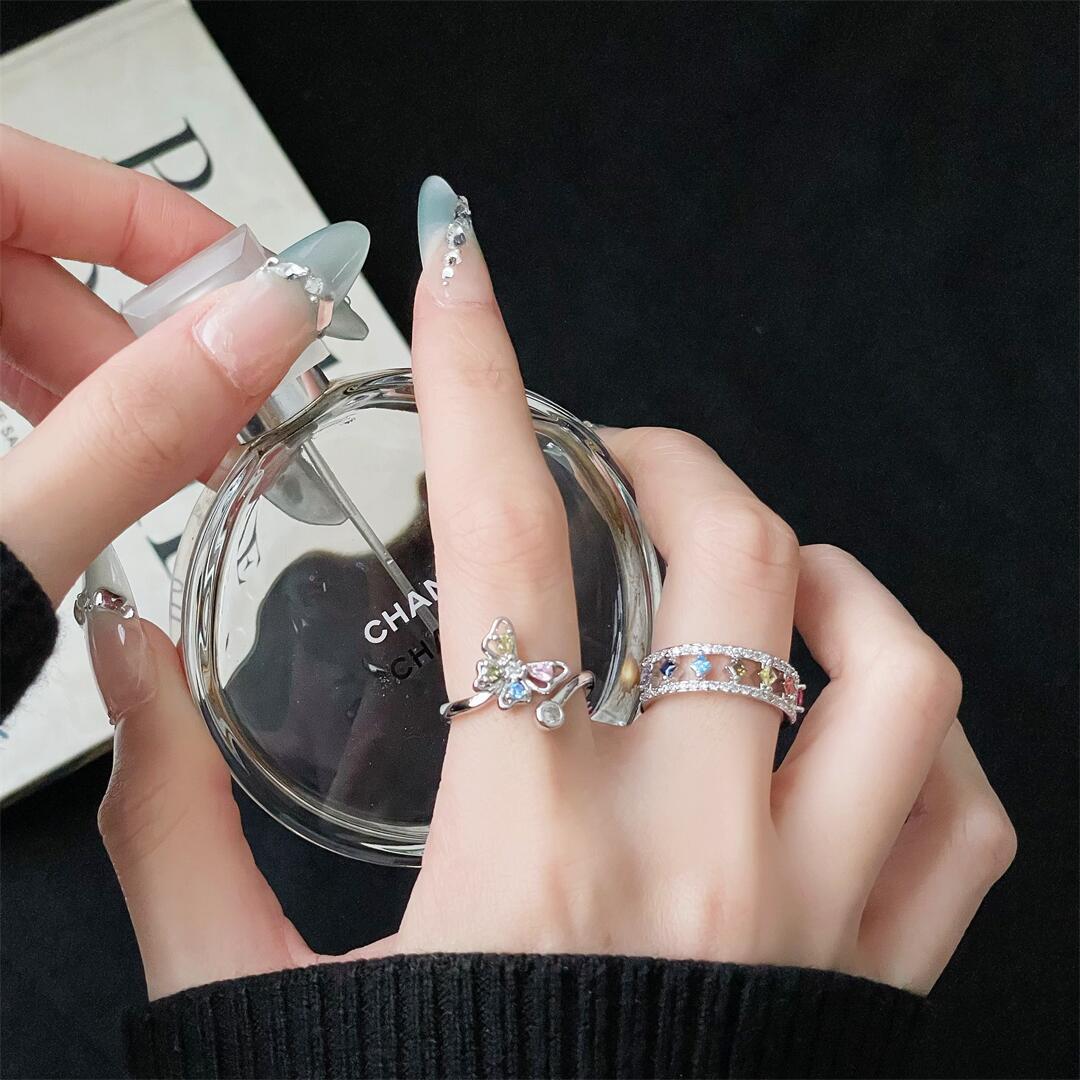 簡約彩鑽蝴蝶開口戒指氣質小眾設計冷淡風個性時尚精緻食指戒配飾