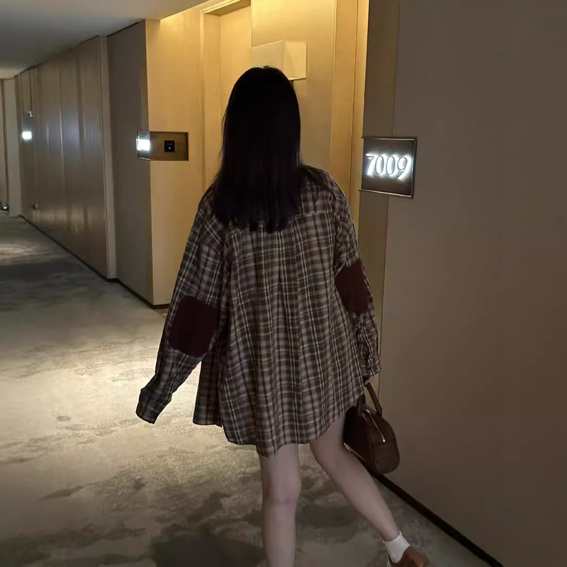 Cross-Border Casual Style Autumn Long-Sleeve Shirt from the Source Factory, 2024 Autumn Model, Iu Style with Elbow Patch Plaid Shirt