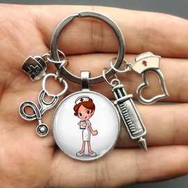 护士听诊器医用注射器图片玻璃凸圆形和玻璃圆顶钥匙扣礼品钥匙扣