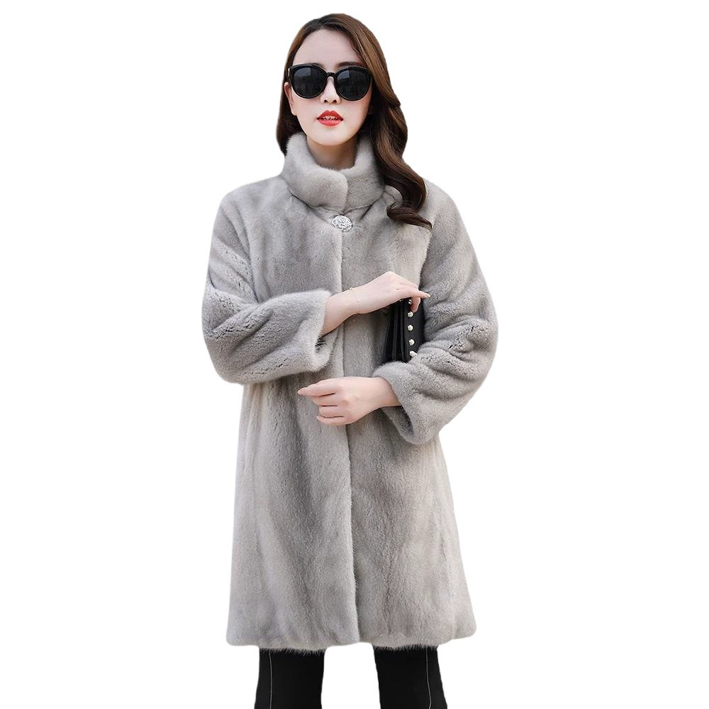 Imitation mink mid‑length coat, stand‑up collar, plush faux fur, Haining style, mid‑weight