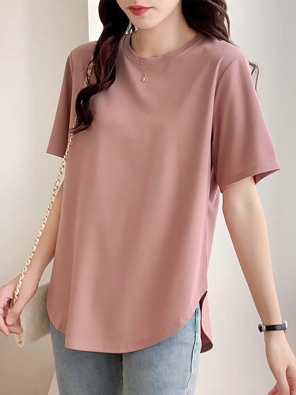 Pink Roman Tencel Loose Ice Silk Short-sleeved T-shirt Women's Design Sense Niche Summer Slim Shoulder Top Thin