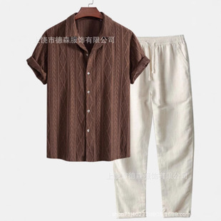 2025 Cross-Border Loose Short-Sleeved Shirt and Pants Suit for Men [the Texture of the Fabric Is 3D Printed Fabric]