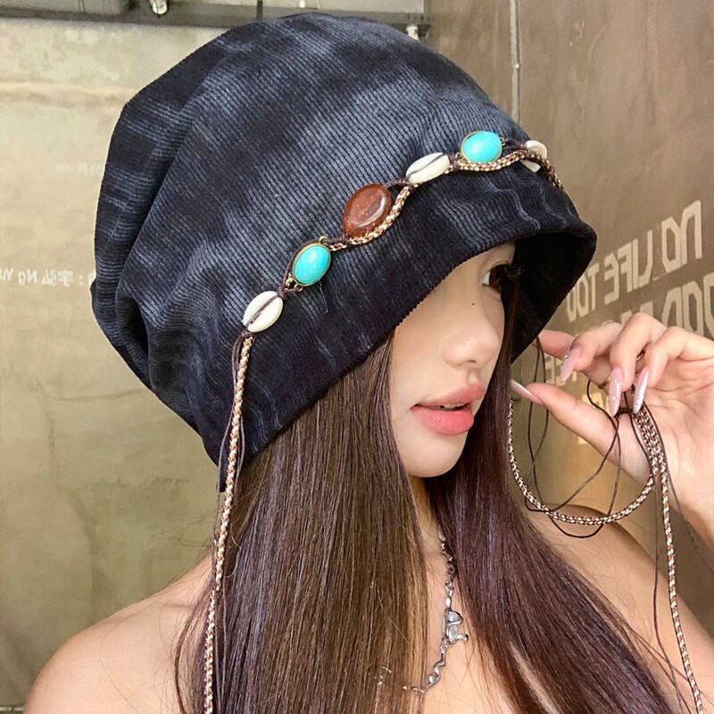 帽子秋冬女复古波西米亚风流苏扎染包头冷帽透气百搭显脸小堆堆帽|undefined