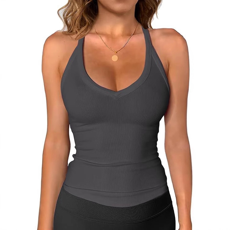 2025 European and American Cross-Border Women's Ribbed Vest Summer Basic Sexy Slim Suspender V Neck Outing Vest