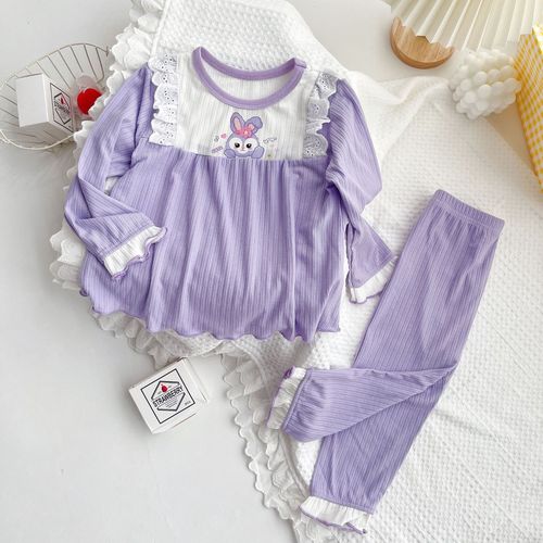  Girls Spring Long Sleeve Pajamas Cute Homecoming Set Four Seasons Air Conditioning Suit Soft Elastic Floral Print Class A Lace Edge