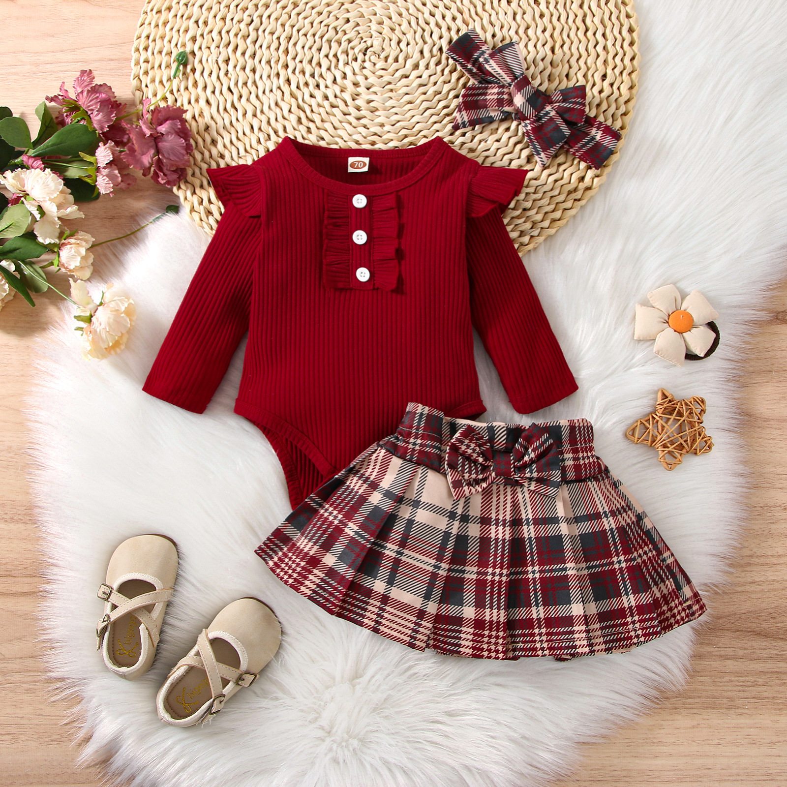 Preppy Style Plaid Bowknot Cotton Polyester Girls Clothing Sets display picture 1