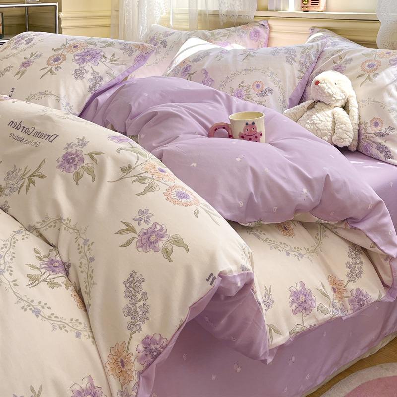 Juego de cama de algodón fresco de cuatro piezas de algodón 2025 nueva sábana cubierta de edredón dormitorio individual juego de tres piezas