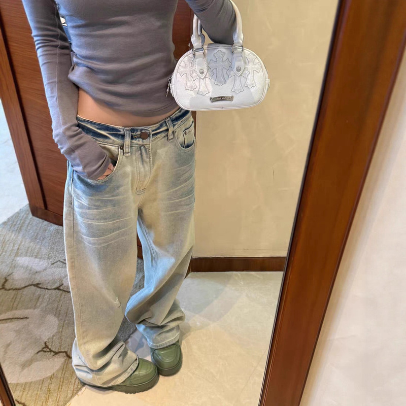 Sunoneon Light Washed Gradient Jeans Women's Summer New Low-Waist Loose Lazy Wide-Leg Casual Pants