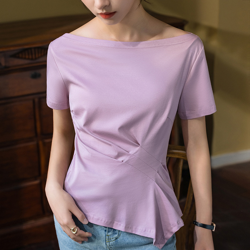 Camiseta de manga corta de algodón mercerizado de doble cara para mujer verano 2023 nueva Camiseta de algodón fuera del hombro camiseta irregular image 5