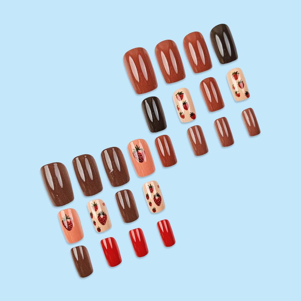 Ventas transfronterizas calientes de color curry manicure simple postre de fresa uñas falsas dulces frescas cuadradas de uñas para usar image 5