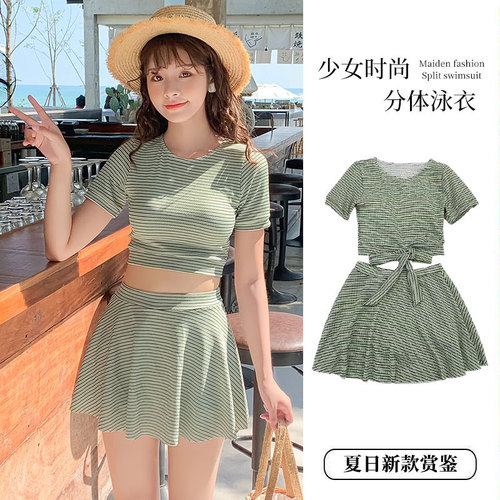 High-waist separates bikini swimsuit for women, summer conservative, flat angle, slimming, short-sleeved striped Japanese-style swimsuit,  new arrival