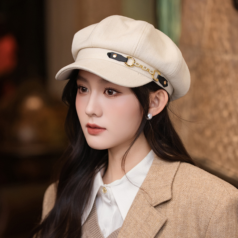 新款显脸小平顶鸭舌帽英伦风秋冬女士鸭舌帽八角帽女贝雷报童帽子|undefined
