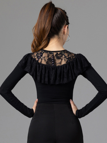 Black lace ballroom Latin dance tops women's long sleeved ruffles neck adult lace bling shirts for female modern dance practice clothing national standard dance clothes