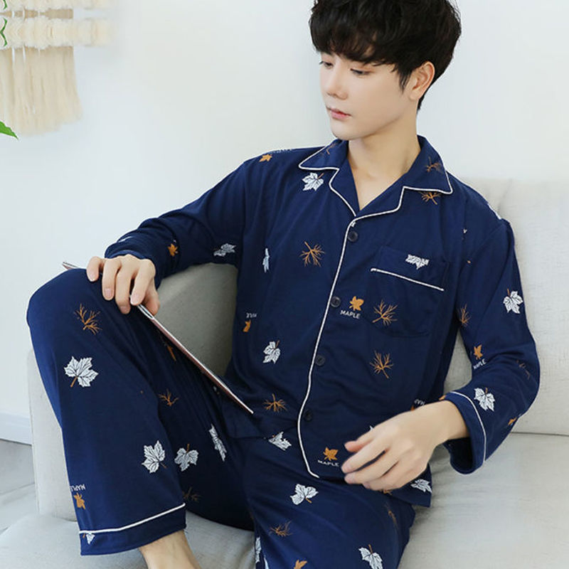 Pijamas de hombre de manga larga de primavera y otoño pijamas de hombre de primavera y verano ropa de hogar delgada pijamas de mediana edad para hombres traje de algodón de color sólido
