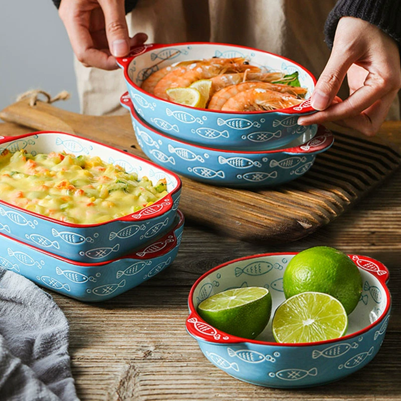 Керамическая форма для выпечки ezicok, миска для риса с сыром, тарелка для выпечки в духовке, бытовая тарелка для рыбы, тарелка с двумя ушками, цветная глазурь