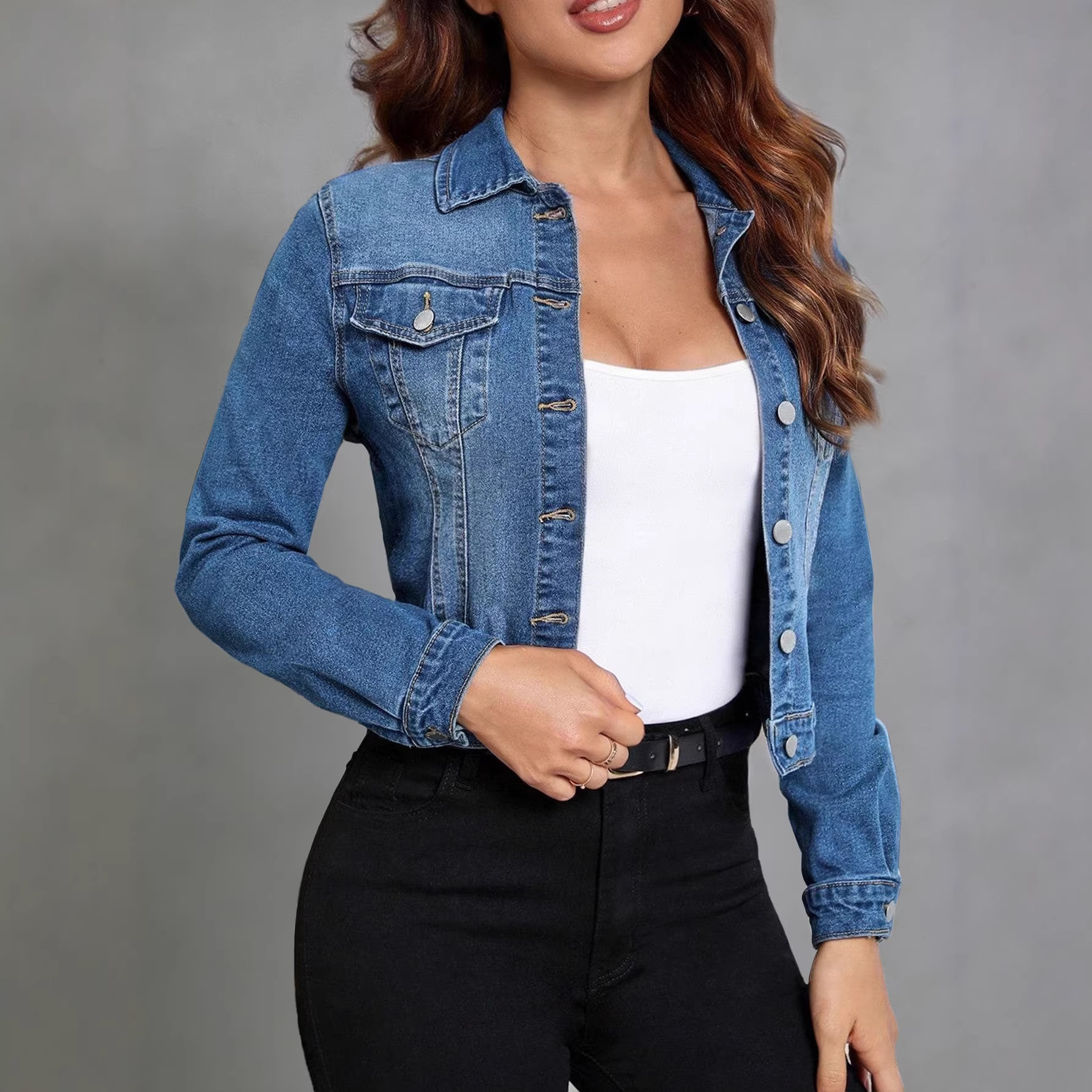 Kadın Giyim Retro Yıkanmış Kot Ceket Uzun Kollu Dar Bel Kısa Model_voghion.com